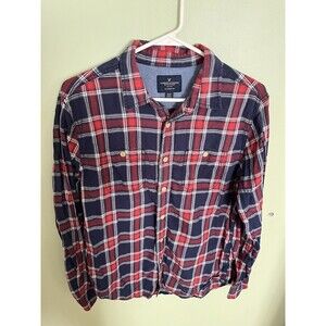 American Eagle Men's Classic Fit Flannel Shirt Red/Blue Plaid Button Up Medium